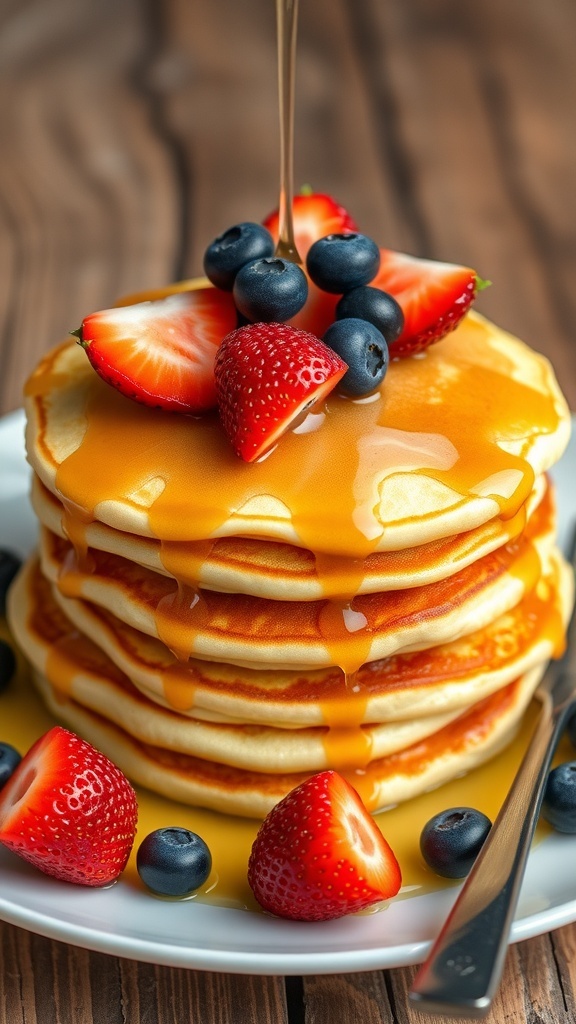A stack of golden fluffy pancakes topped with syrup and fresh berries on a rustic table.
